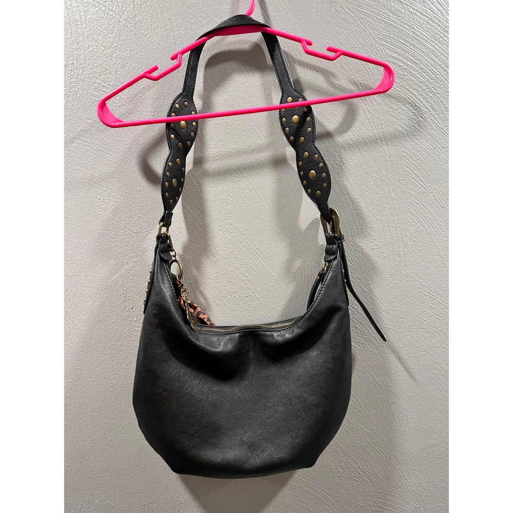 Jessica Simpson Black Studded Hobo Bag Western Scarf Charm Boho Shoulder Purse - Picture 5 of 6